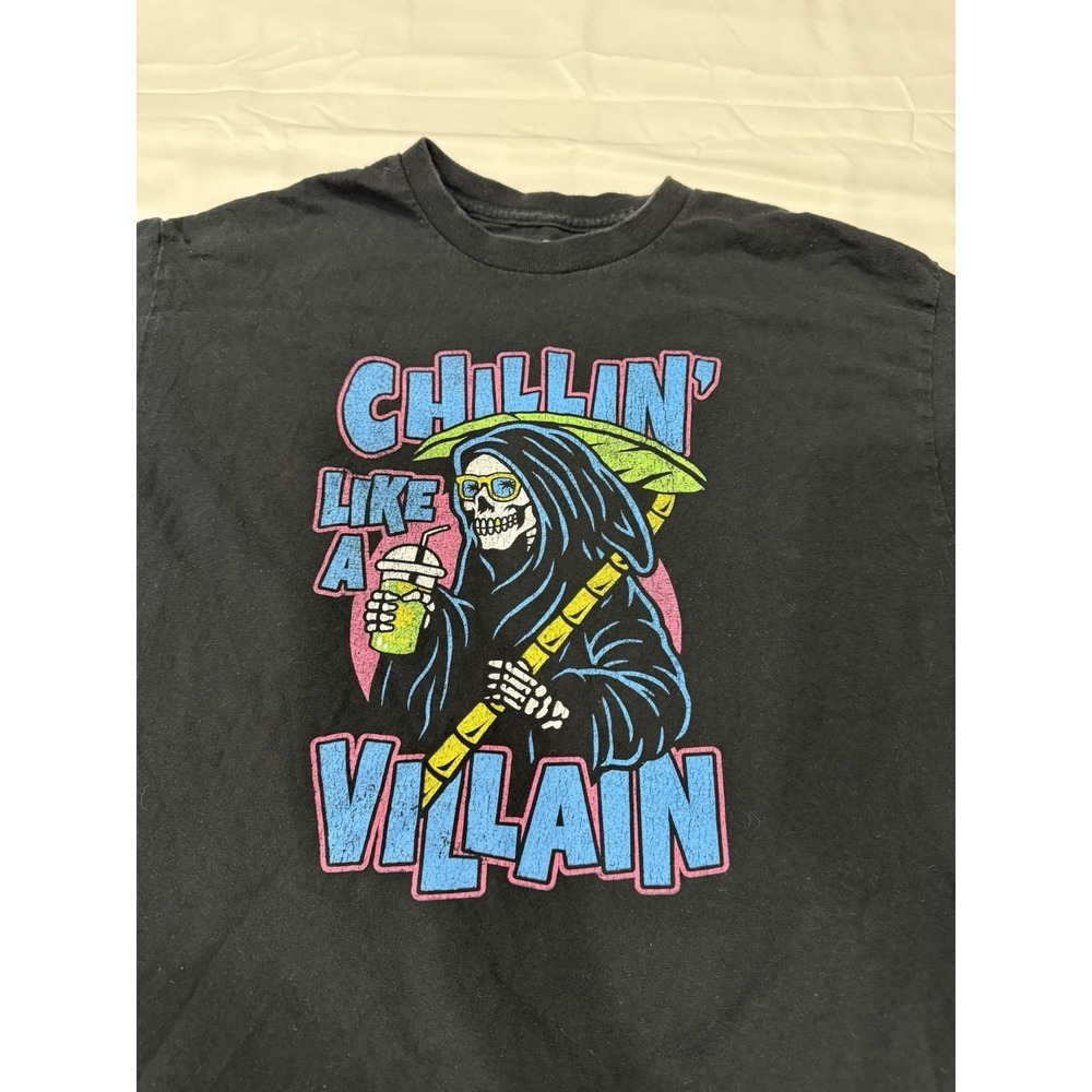 DOM Chillin Like A Villain Graphic Black T-Shirt Men's Size L Grim Reaper